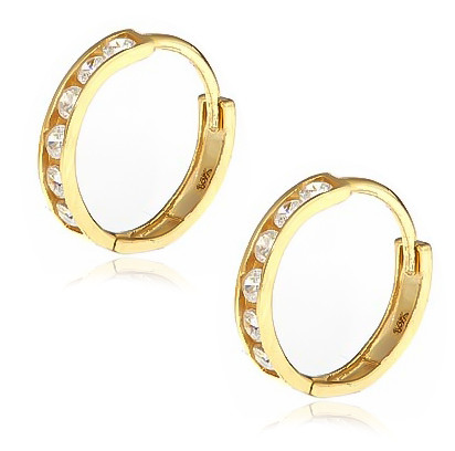 Medium mini lab grown cubic zirconia round channel set hoop earrings in 14k yellow gold.