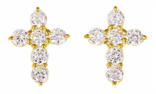 Mini Cross round laboratory grown diamond look cubic zirconia stud earrings in 14k gold.