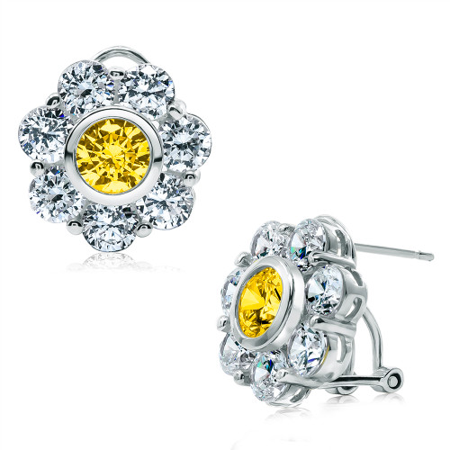 Rosario laboratory grown canary yellow diamond simulant cubic zirconia round flower style earrings in 14k white gold.