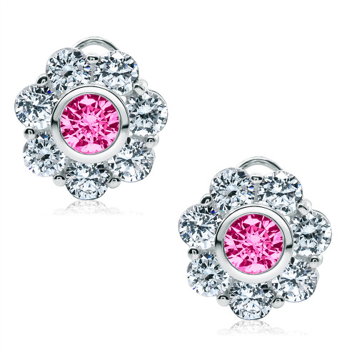 Rosario laboratory grown pink diamond simulant cubic zirconia round flower style earrings in 14k white gold.