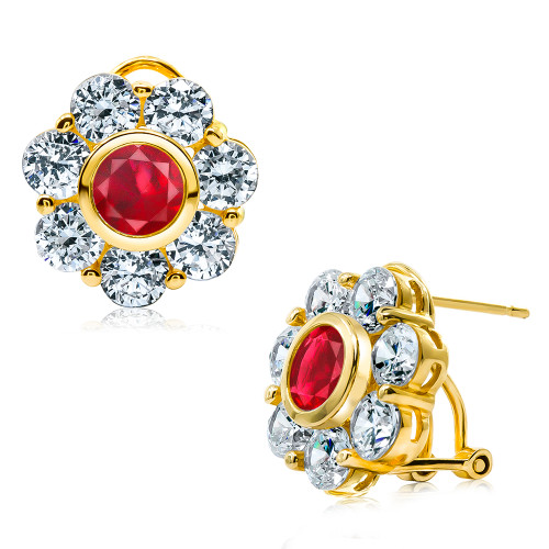 Rosario lab grown man made created ruby and lab grown diamond alternative cubic zirconia round flower style earrings in 14k yellow gold.
