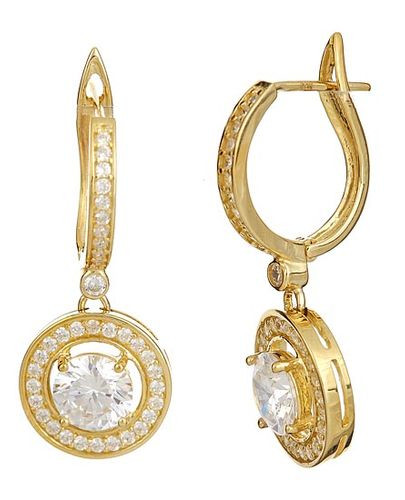 Geneva round lab grown diamond alternative cubic zirconia halo drop pave earrings in 14k yellow gold.