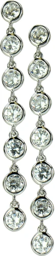 Dangle bezel round laboratory grown diamond quality cubic zirconia drop earrings in 14k white gold.