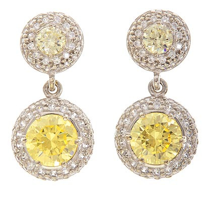 Amici canary laboratory grown diamond quality cubic zirconia round halo drop earrings in 14k white gold.