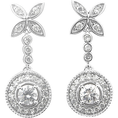Vertu vintage floral halo laboratory grown diamond simulant cubic zirconia round drop earrings in 14k white gold.