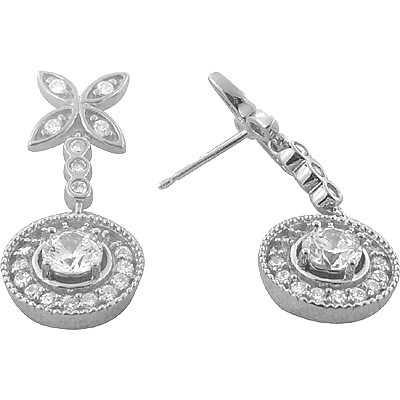 Vertu vintage floral halo lab grown diamond alternative cubic zirconia round drop earrings in 14k white gold.