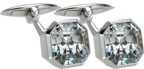 Alexander 5.5 Carat Asscher Cut Bezel Set Cufflinks with lab grown diamond alternative cubic zirconia in 14k white gold.