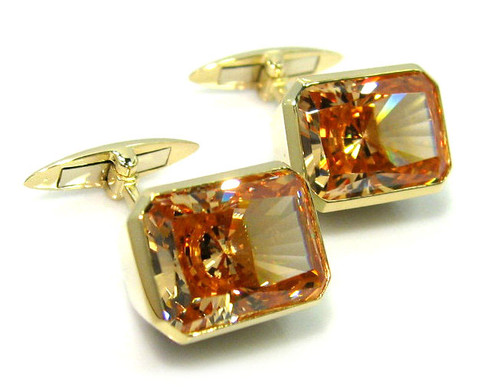Emilion 9 Carat Emerald Cut Cufflinks with cognac lab grown diamond simulant cubic zirconia in 14k yellow gold.