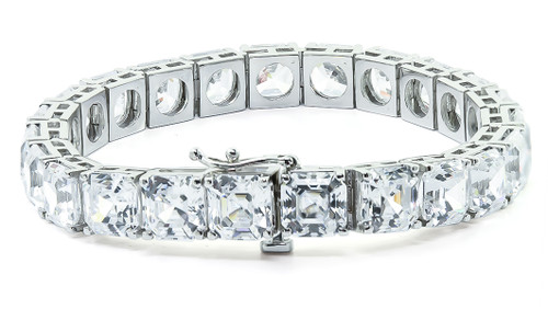 Classic 2.5 Carat Each Asscher Cut Prong Set Tennis Bracelet with lab grown diamond quality cubic zirconia in 14k white gold.