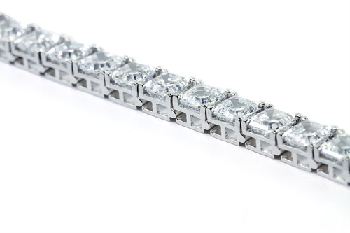 Classic 1 Carat Each Asscher Cut Prong Set Tennis Bracelet with lab grown diamond simulant cubic zirconia in 14k white gold.