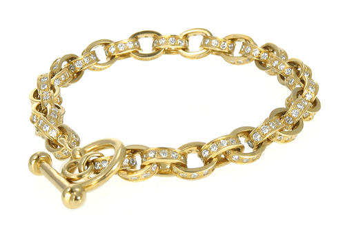 Tempest Pave Set Round Link Toggle Bracelet with lab grown diamond quality cubic zirconia in 14k yellow gold.