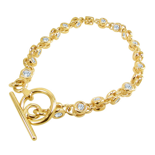 Bezel Set .25 Carat Each Round Toggle Bracelet with lab grown diamond alternative cubic zirconia in 14k yellow gold.