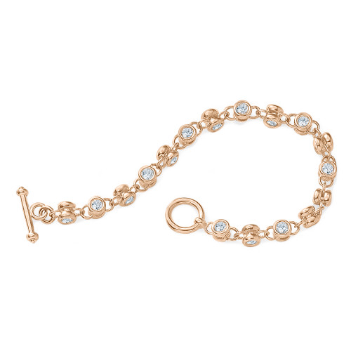 Bezel Set .12 Carat Each Round Toggle Bracelet with lab grown diamond alternative cubic zirconia in 14k rose gold.
