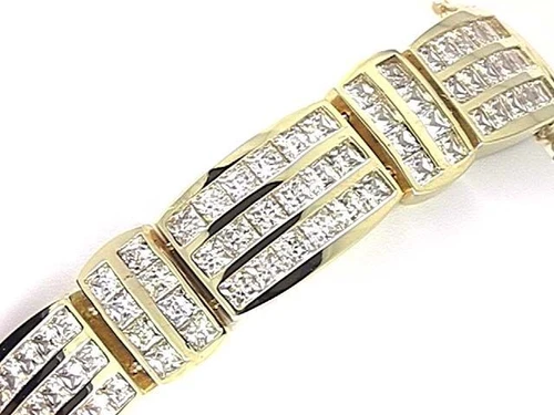 Reebo Channel Set Princess Cut Square Men's Bracelet with lab grown diamond look cubic zirconia in 14k yellow gold.