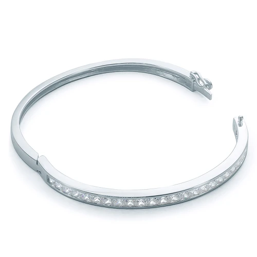 Celine Channel Set Princess Cut Bangle Bracelet with lab grown diamond quality cubic zirconia in platinum.