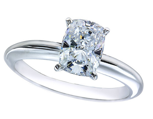 Elongated cushion cut lab grown diamond simulant cubic zirconia solitaire engagement ring in 14k white gold.