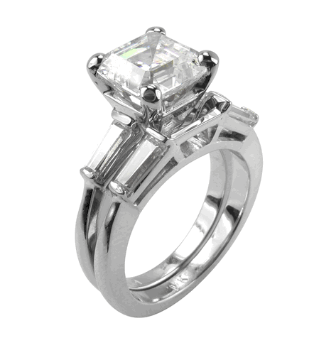 Asscher Cut Cubic Zirconia Baguette Solitaire Engagement Ring with Matching Wedding Band | 1.5 Carat | Ziamond Lab Grown Diamond Simulants