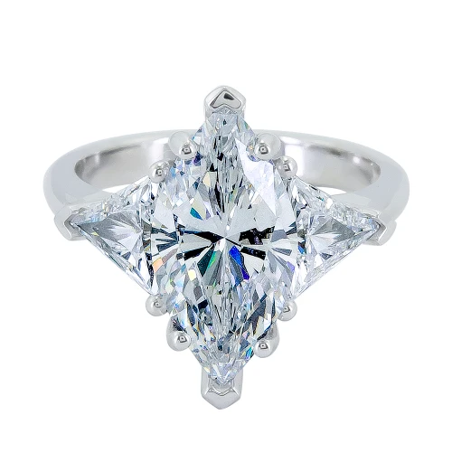 Marquise with trillions three stone lab grown diamond look cubic zirconia engagement ring in 14k yellow gold.