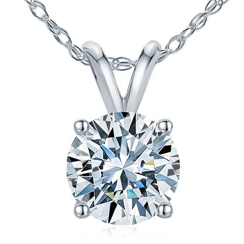 Round lab grown diamond look cubic zirconia basket set classic solitaire pendant in 14k white gold.