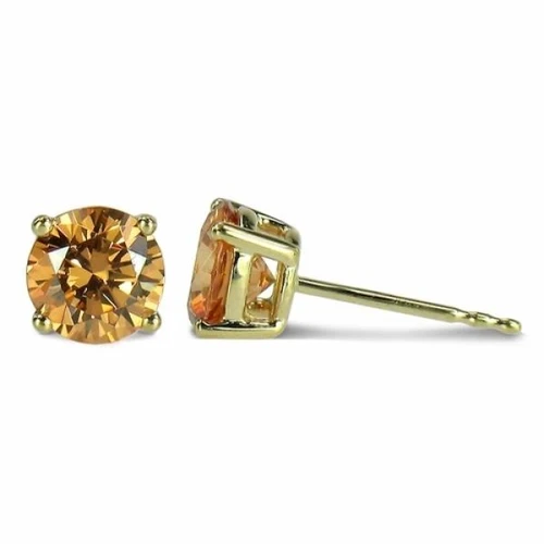 Cognac 2 Carat Each Round Stud Earrings in 14k Yellow Gold with lab grown diamond simulant cubic zirconia