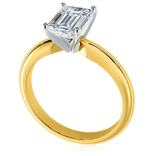 Emerald step cut lab grown diamond look cubic zirconia four prong classic solitaire engagement ring in 18k yellow gold with platinum prongs.