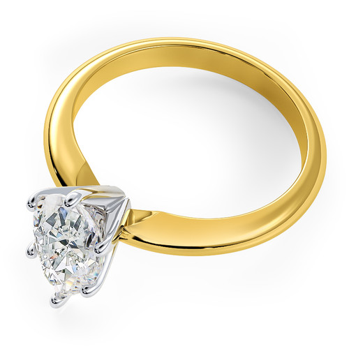 Pear shape lab created diamond simulant cubic zirconia 6 prong classic solitaire engagement ring in 14k yellow gold.