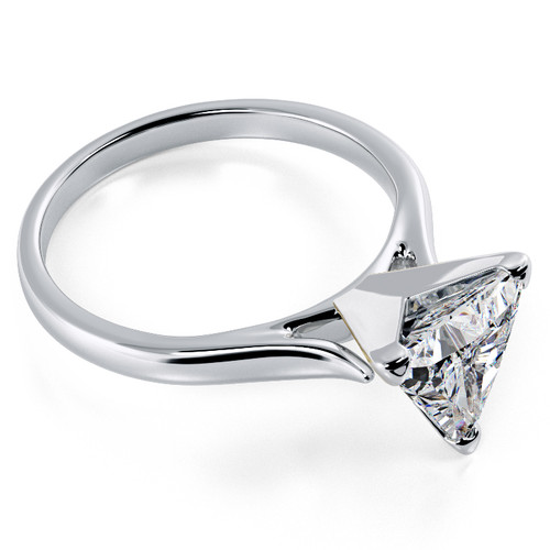 Trillion triangle laboratory grown diamond simulant cubic zirconia cathedral solitaire engagement ring in 18k white gold.