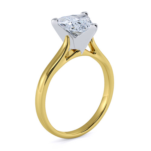 Trillion triangle laboratory grown diamond simulant cubic zirconia cathedral solitaire engagement ring in 18k yellow gold.