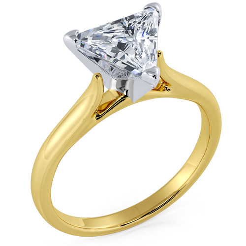 Trillion triangle laboratory grown diamond simulant cubic zirconia cathedral solitaire engagement ring in 14k yellow gold.