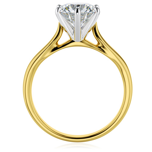 Round lab grown diamond simulant cubic zirconia six prong cathedral solitaire engagement ring in 14k yellow gold.