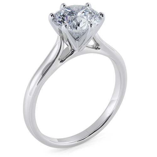 Round lab grown diamond simulant cubic zirconia six prong cathedral solitaire engagement ring in 14k white gold.