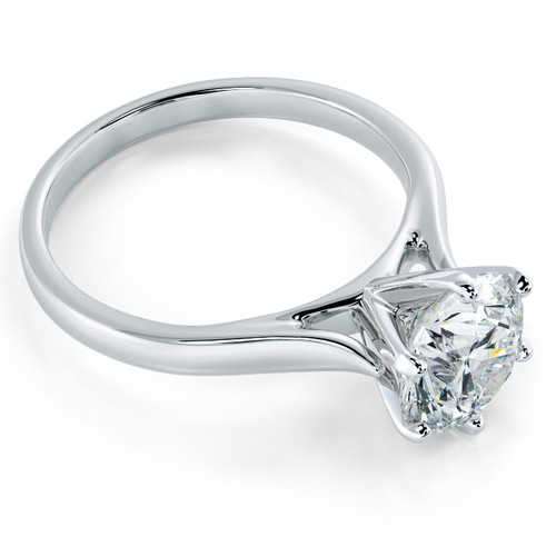 Round lab grown diamond simulant cubic zirconia six prong cathedral solitaire engagement ring in 18k white gold.