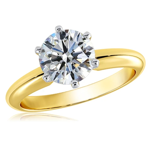 Round six prong lab created diamond look cubic zirconia tiffany style solitaire engagement ring in 14k yellow gold.