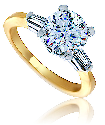 Round lab grown diamond alternative cubic zirconia baguette solitaire engagement ring in 14k two tone gold.