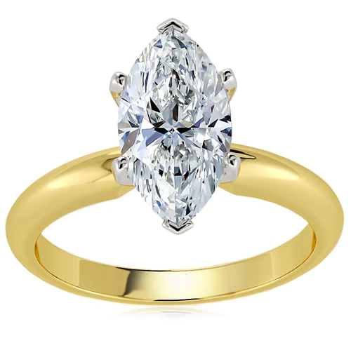 Marquise lab created diamond look cubic zirconia classic solitaire engagement ring in 14k yellow gold.