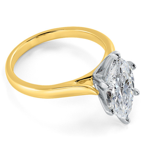 Marquise lab grown diamond alternative cubic zirconia cathedral solitaire engagement ring in 18k yellow gold.