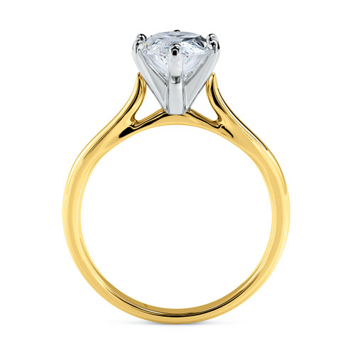 Marquise lab grown diamond alternative cubic zirconia cathedral solitaire engagement ring in 14k yellow gold.