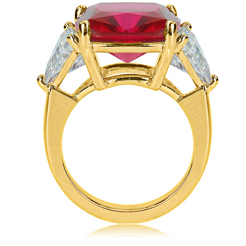 Cushion cut square with trillions three stone man made ruby lab grown diamond look cubic zirconia engagement ring in 14k yellow gold.