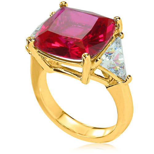 Cushion cut square with trillions three stone man made ruby lab grown diamond look cubic zirconia engagement ring in 14k yellow gold.