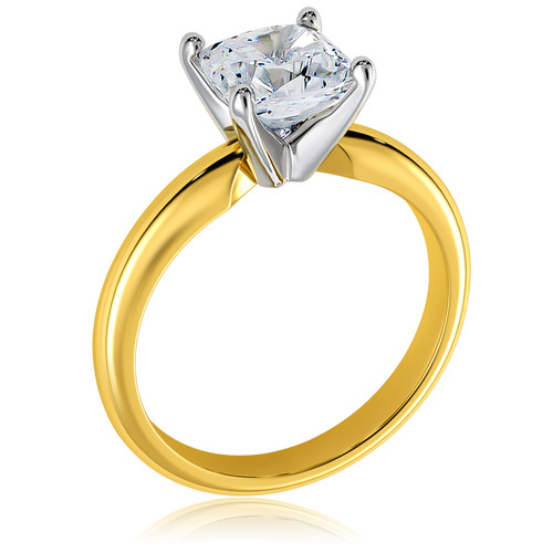 Cushion cut square lab created diamond look cubic zirconia classic solitaire engagement ring in 18k yellow gold.