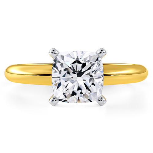Cushion cut square lab grown diamond look alternative cubic zirconia classic solitaire engagement ring in 14k yellow gold.
