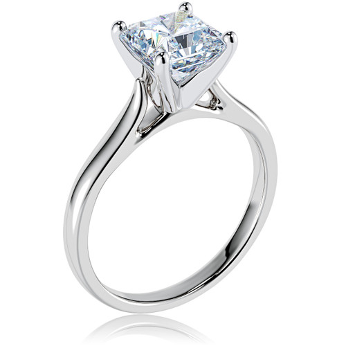 Asscher cut lab grown diamond simulant cubic zirconia cathedral solitaire engagement ring in 18k white gold.