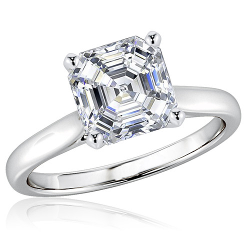 Asscher cut lab grown diamond simulant cubic zirconia cathedral solitaire engagement ring in 14k white gold.
