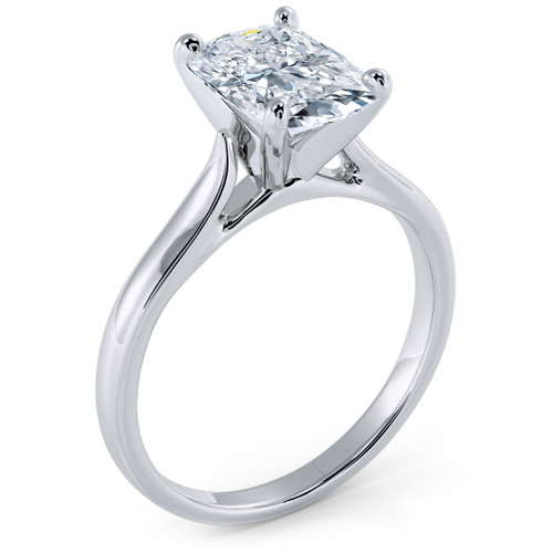 Elongated cushion cut lab grown diamond alternative cubic zirconia cathedral solitaire engagement ring in platinum.