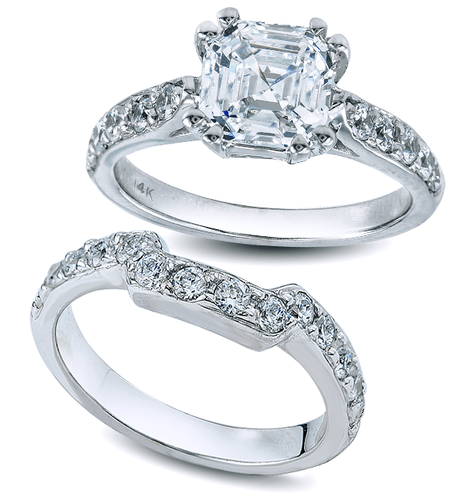 Asscher 4 Carat Cathedral Pave Bridal Set with lab grown diamond alternative cubic zirconia in platinum.