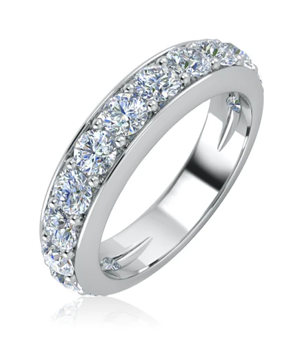 Burke 4 carat round lab grown diamond alternative cubic zirconia pave set cathedral split shank wedding band in 14k white gold.
