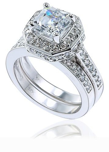 Elegant Asscher 5.5 carat lab grown diamond simulant cubic zirconia pave halo bridal wedding set in 14k white gold.