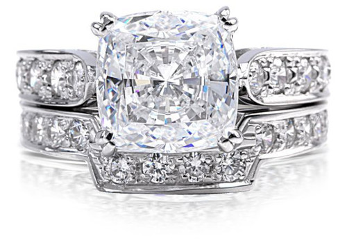 Winston 4 Carat Cathedral Cushion Cut Bridal Set and Contoured Matching Band with simulated lab grown diamond quality cubic zirconia in 14k white gold.