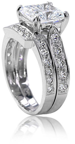Winston 4 Carat Cathedral Cushion Cut Bridal Set and Contoured Matching Band with simulated laboratory grown diamond quality cubic zirconia in 14k white gold.