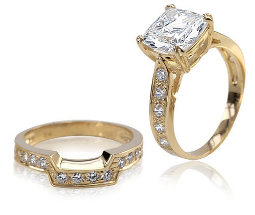 Winston 4 Carat Cathedral Cushion Cut Bridal Set with simulated lab created diamond quality cubic zirconia in 14k yellow gold.